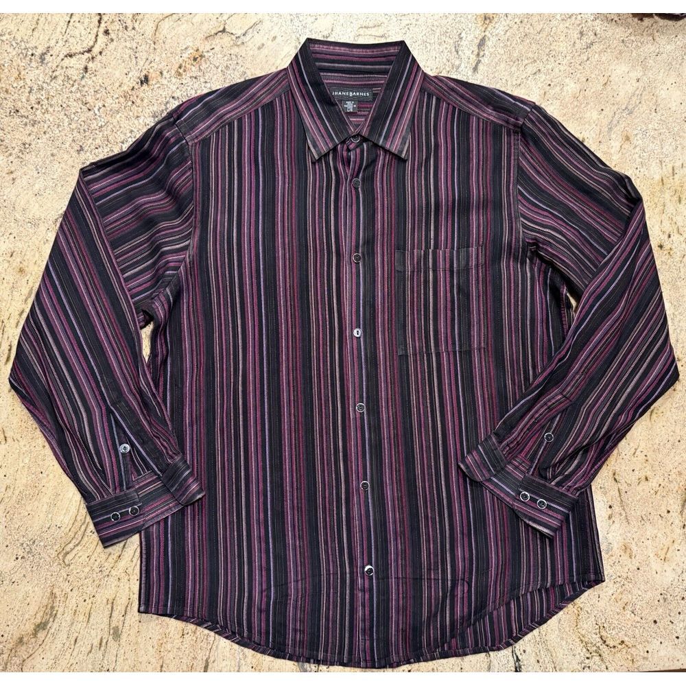 Jhane Barnes Shirt Striped Long Sleeve Silk Rayon Red Black Mens Large GUC